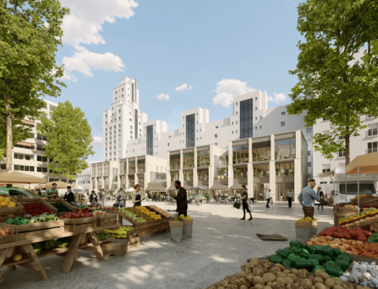 Perspective de la place Chanoine-Boursier avec en fond le futur bâtiment qui abritera bureaux et food court.  @EntreChien&Loup